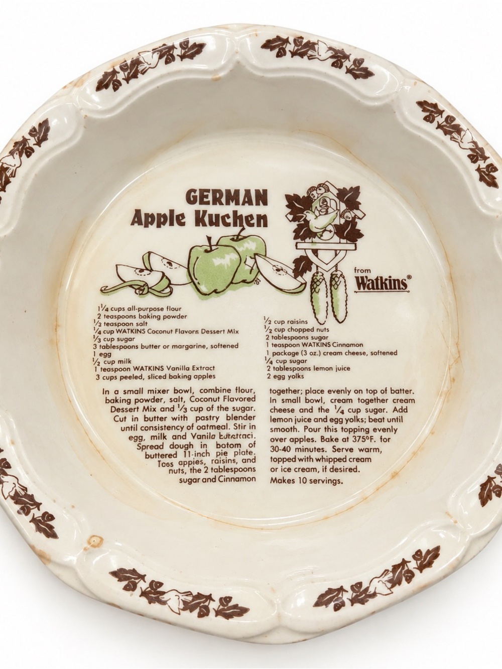 Vintage 1983 Watkins German Apple Kuchen Recipe Pie Dish 6480